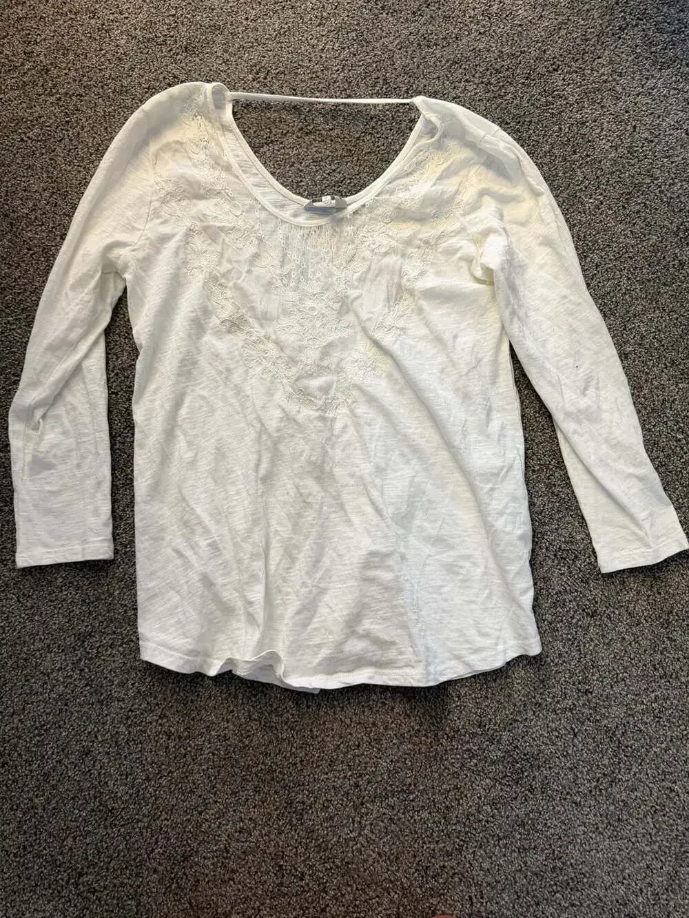Lucky Brand White Long Sleeve Embroidered Lace Yoke Top